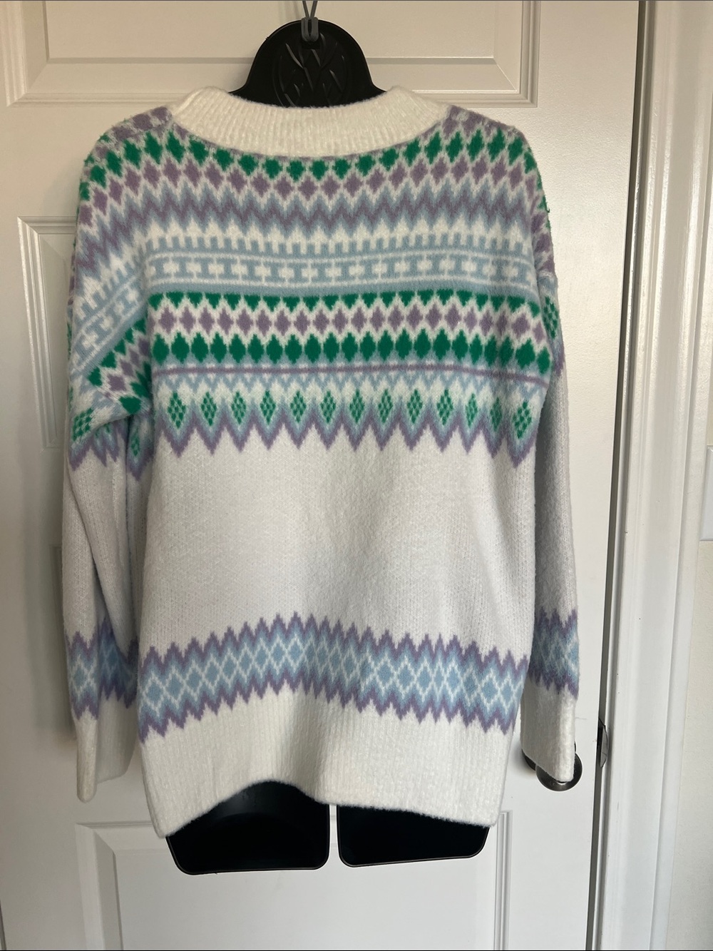 Pink Lily White Crewneck Sweater with Green & Lavender Fair Isle - Picture 2 of 7